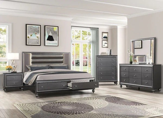 Gray Storage 4PC Bedroom Set w LED Lights (Q/K Bed+DR+ MR+NS) - LDH Furniture