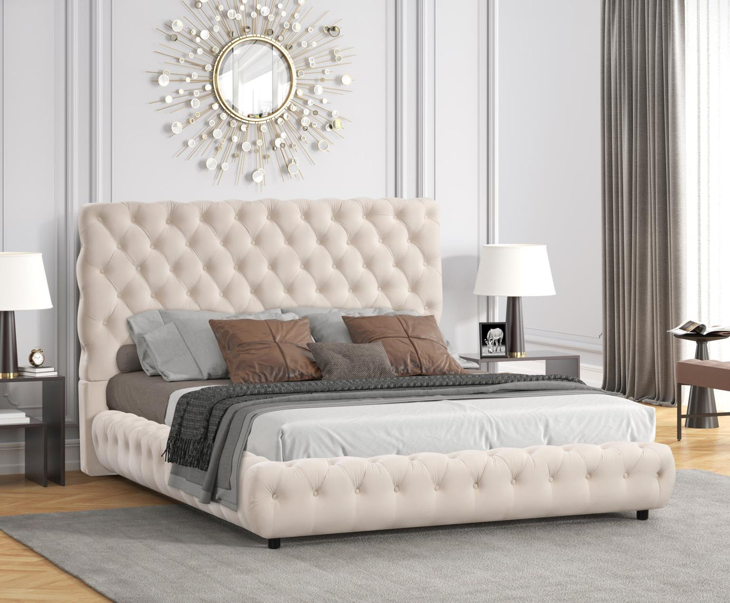 Lena Tufted Velvet Platform Bed w Phone Chargers - LDH Furniture