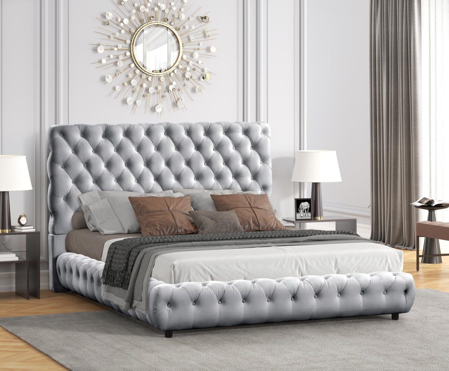 Lena Tufted Velvet Platform Bed w Phone Chargers - LDH Furniture