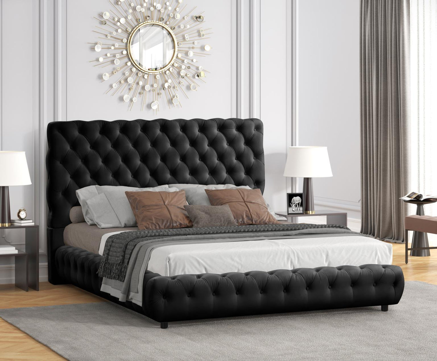 Lena Tufted Velvet Platform Bed w Phone Chargers - LDH Furniture