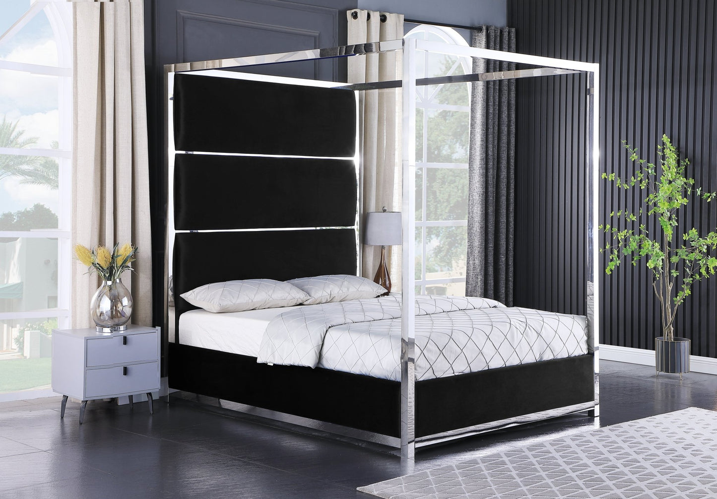 Phoenix Velvet & Metal Platform Canopy Bed - LDH Furniture