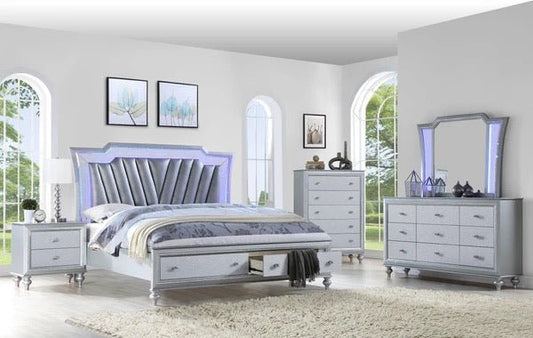 Silver Storage 4PC Bedroom Set w LED Lights (Q/K Bed+DR+ MR+NS) - LDH Furniture