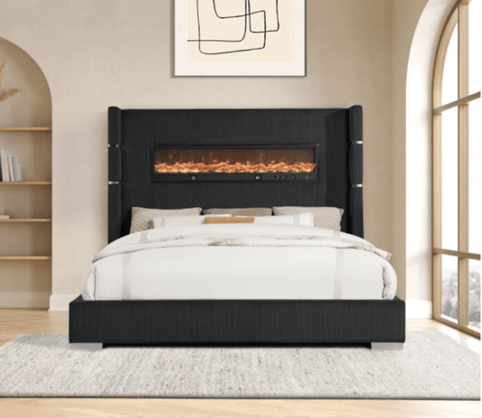 Vadra Platform Bed w Digital Fireplace & Bluetooth speakers - LDH Furniture