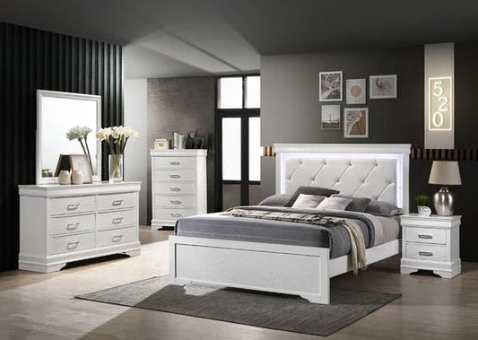 White 4PC Bedroom Set w LED Lights (Q/K Bed+DR+ MR+NS) - LDH Furniture