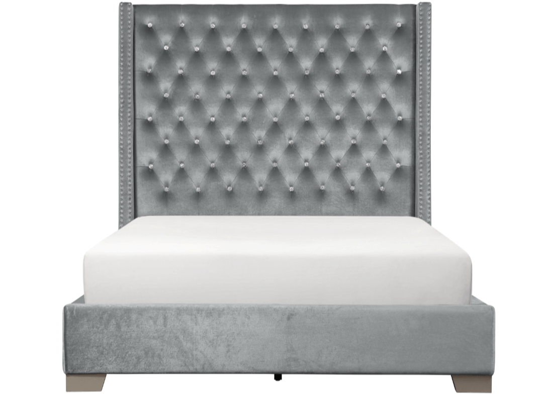 A-SHAQ Velvet Bed with Tall Headboard & Crystal Buttons - Luxurious and Contemporary