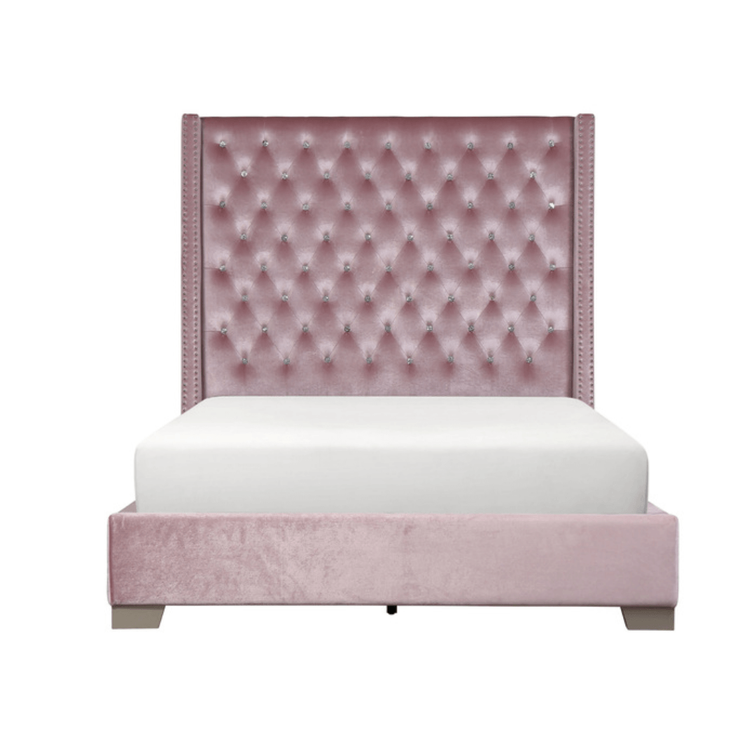 A-SHAQ Velvet Bed with Tall Headboard & Crystal Buttons - Luxurious and Contemporary - LDH Furniture