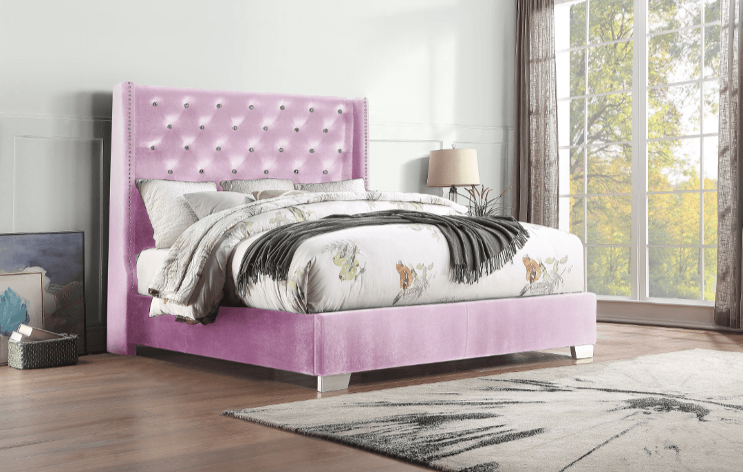 A-SHAQ Velvet Bed with Tall Headboard & Crystal Buttons - Luxurious and Contemporary - LDH Furniture