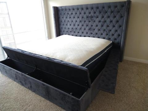 Adele Platform Storage Bed - Solid Wood and Velvet Finish.