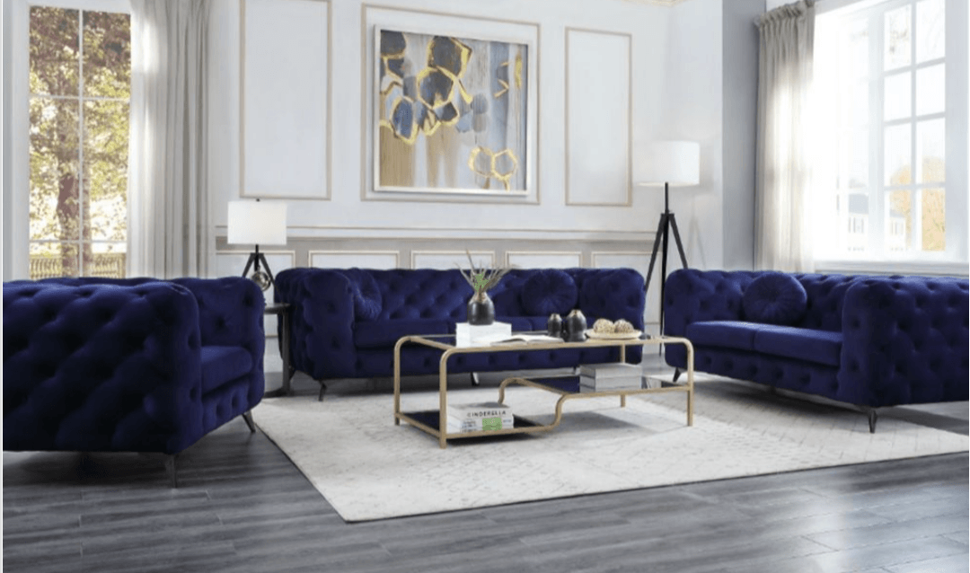 Atronia Navy Blue Tufted Velvet Sofa Set w Pillows & Chrome Legs - LDH Furniture