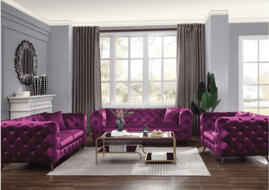 Atronia Purple Tufted Velvet Sofa Set w Pillows & Chrome Legs