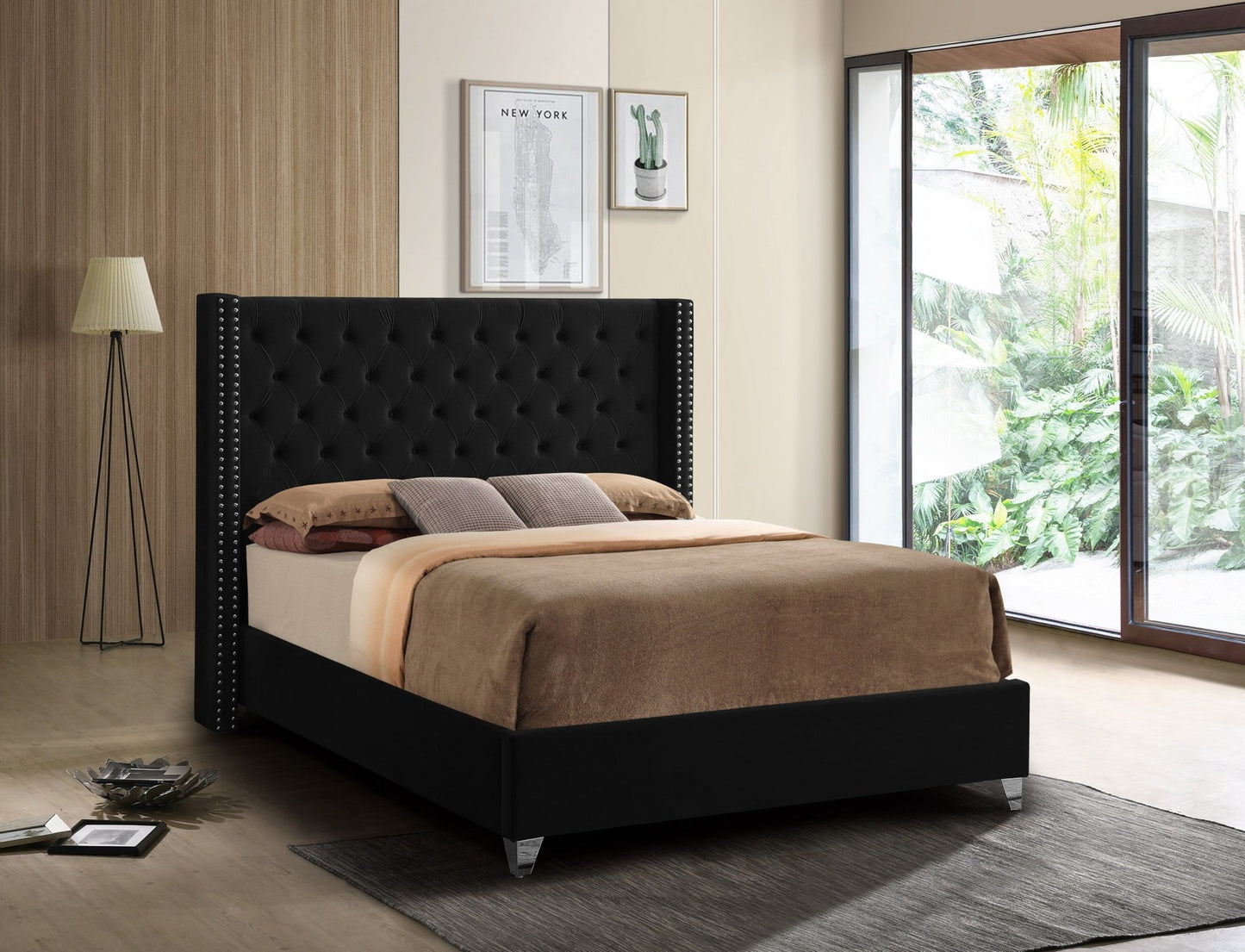 Azar Modern Velvet Platform Bed - No Box Spring Required - LDH Furniture