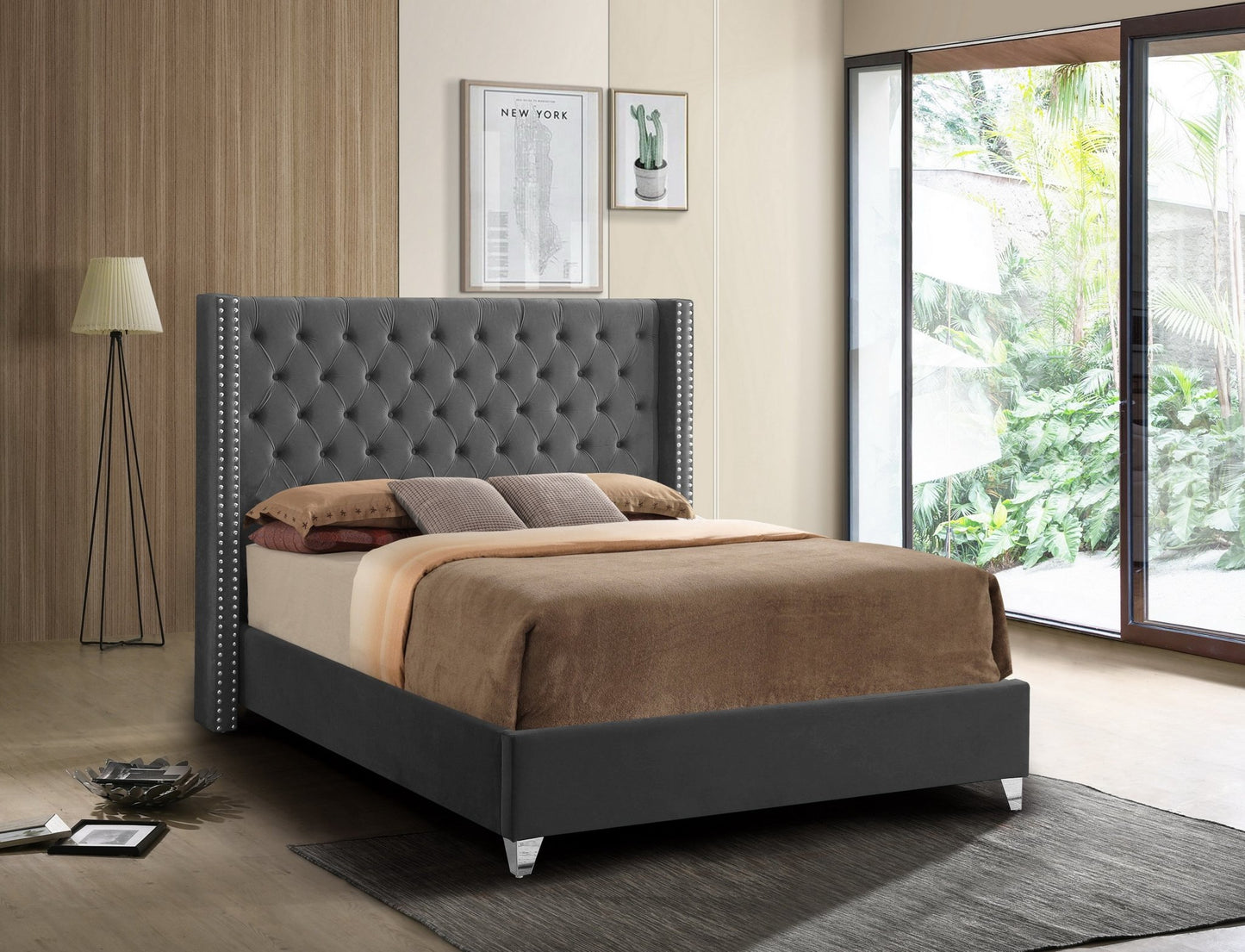 Azar Modern Velvet Platform Bed - No Box Spring Required