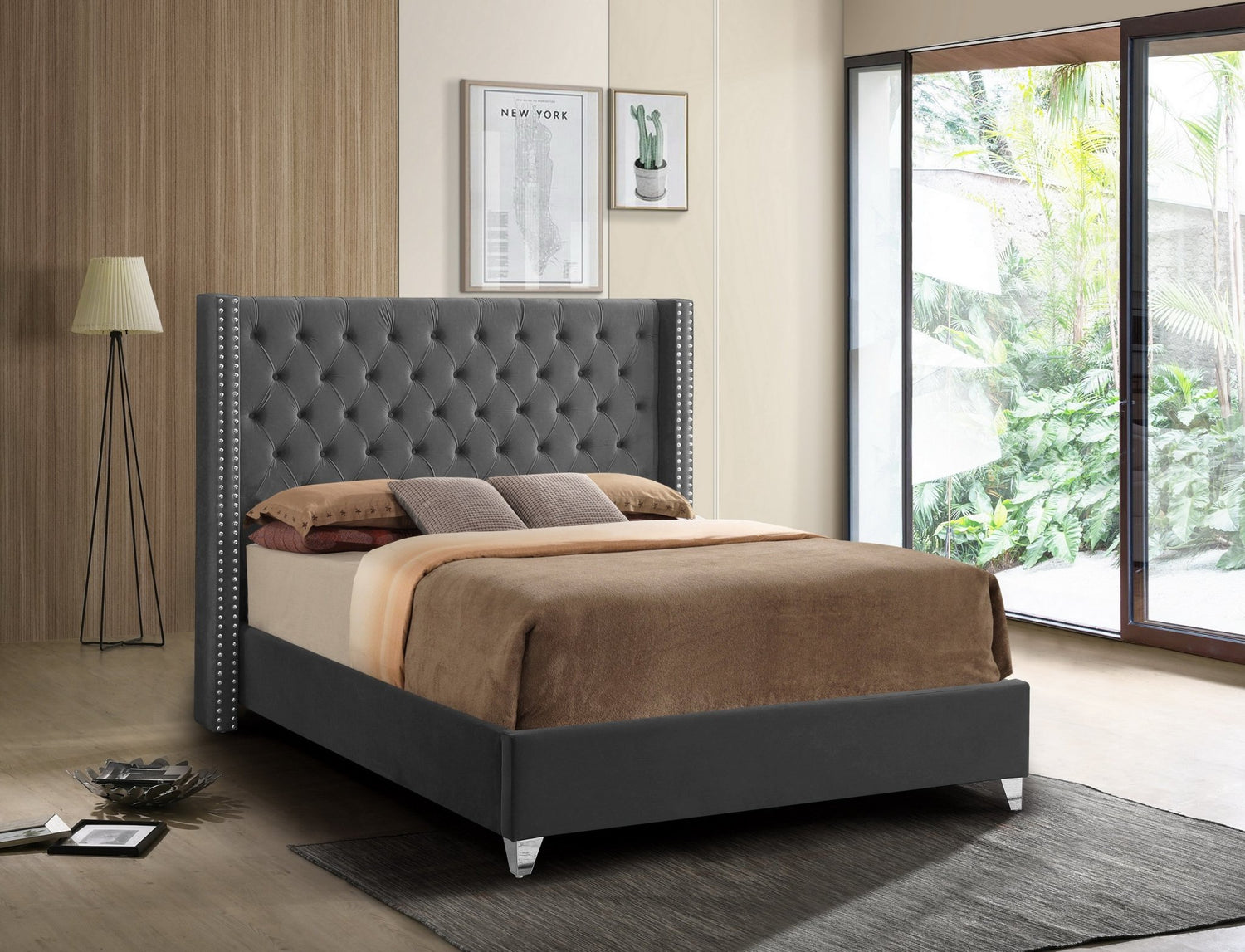 Azar Modern Velvet Platform Bed - No Box Spring Required - LDH Furniture