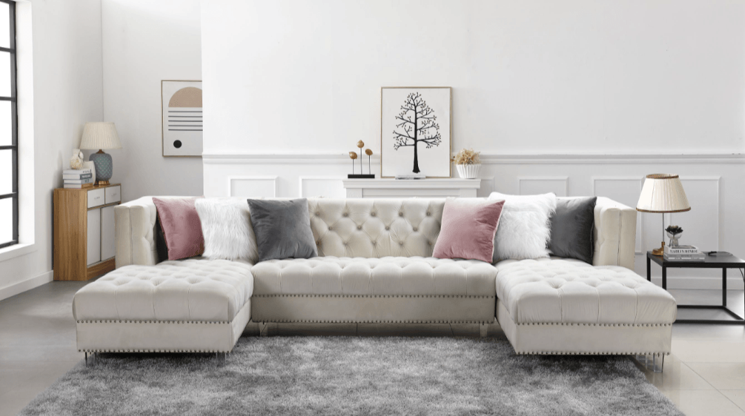 Camila 3PC Tufted Velvet Sectional w Pillows - LDH Furniture