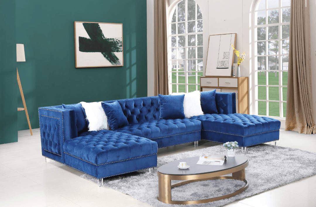 Camila 3PC Tufted Velvet Sectional w Pillows - LDH Furniture