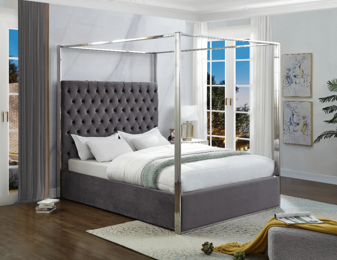 Canopy Bed Velvet Fabric Chrome Trim LDH Furniture