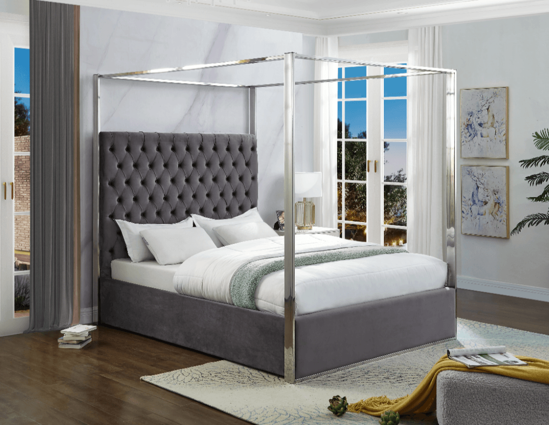 Canopy Bed Velvet Fabric & Chrome Trim - LDH Furniture