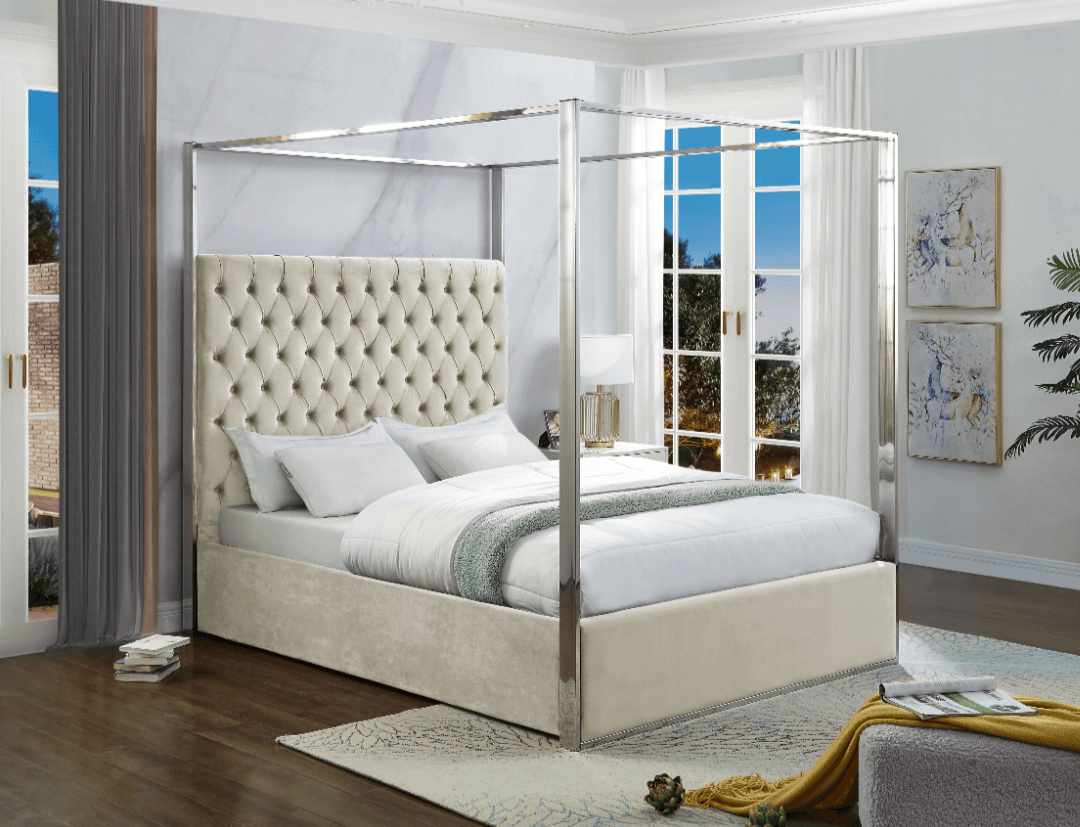 Canopy Bed Velvet Fabric & Chrome Trim - LDH Furniture