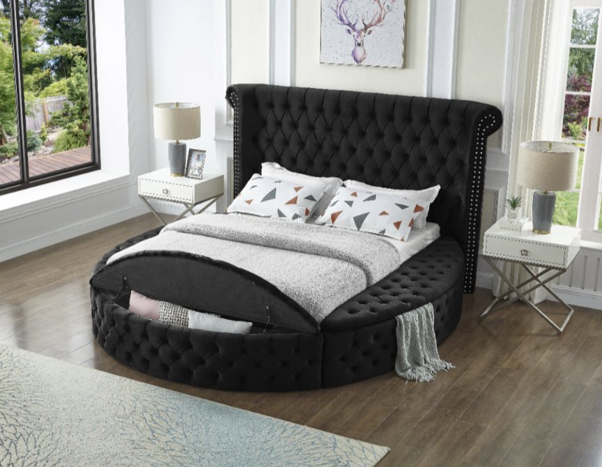 Dior Circle Platform Storage Bed - Solid Wood and Velvet Finish. - LDH Furniture