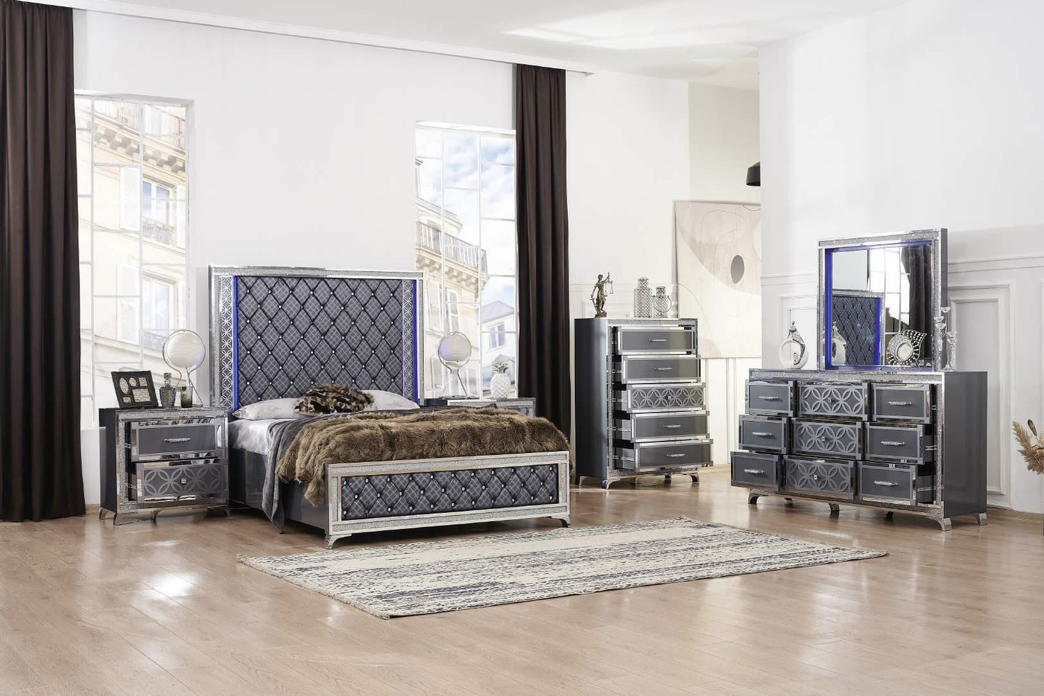 Glamor Charcoal Gray Collection 3PC Bedroom Set (Q/K-B+NS+DR) - LDH Furniture