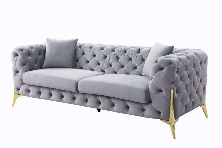 Jelanea Gray Tufted Velvet Sofa w Gold Metal Legs & Pillows