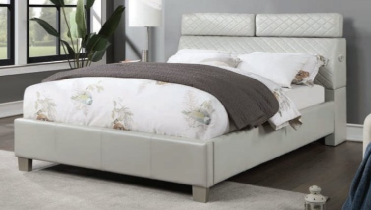 Muttenz Light Gray Leather Platform Bed with Adjustable Headrests & USB Ports - LDH Furniture