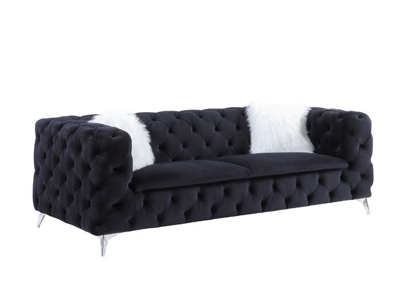 Phifina Black Tufted Velvet Sofa w Chrome Legs & Pillows - LDH Furniture