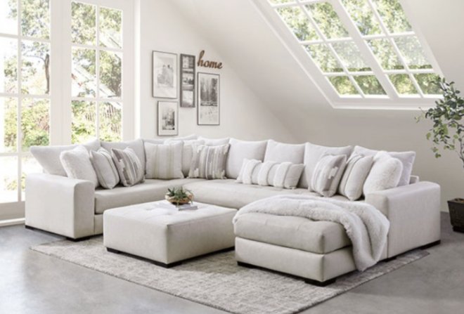 Warrenton Ivory Leather Sectional w Pillows & Ottoman - LDH Furniture